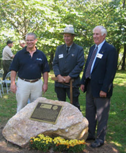DNR Secretary Ron Franks, Francis Zumbrun in original Maryland State Forester uniform, and Fred W. Besley, III, grandson of the first Maryland State Forester at the CCC Centennial Plaque ceremony in at Gambrill State Park, Sept. 17, 2006