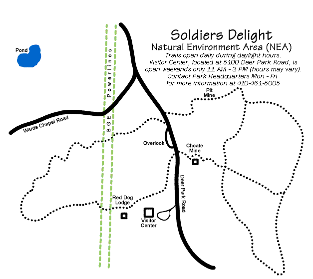 A trail map of the area, if you require additional information contact Soldiers Delight at 410-922-3044