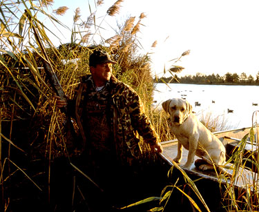 Man with dog on boat duck hunting