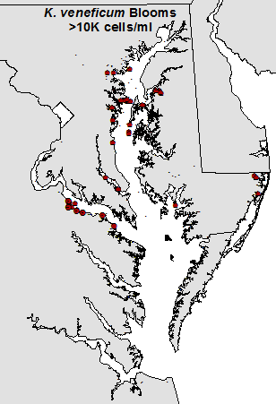Distribution of Karlodinium blooms in MD (2000-2013)