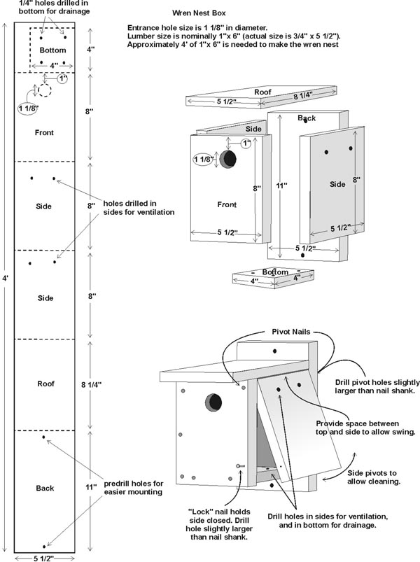 Illustration of wren nest box plywood cutting and assembly plans